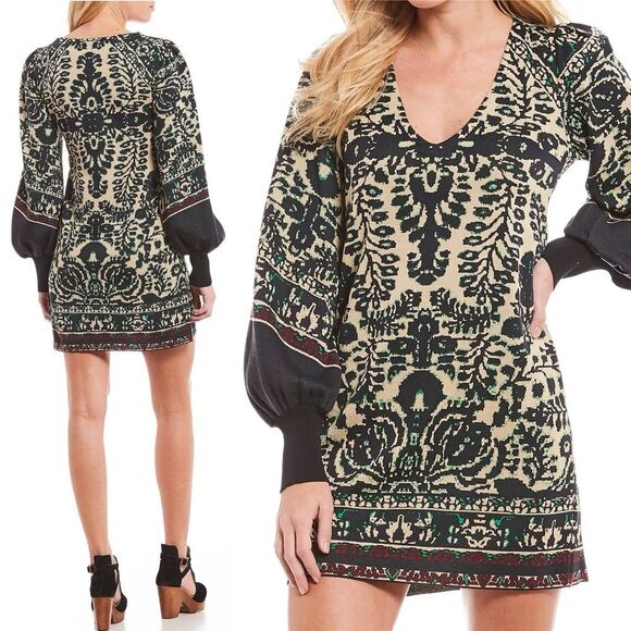 Free People Music & Lyrics Mini Boho Sweater Dress Black Green Combo Size Small - Picture 4 of 14